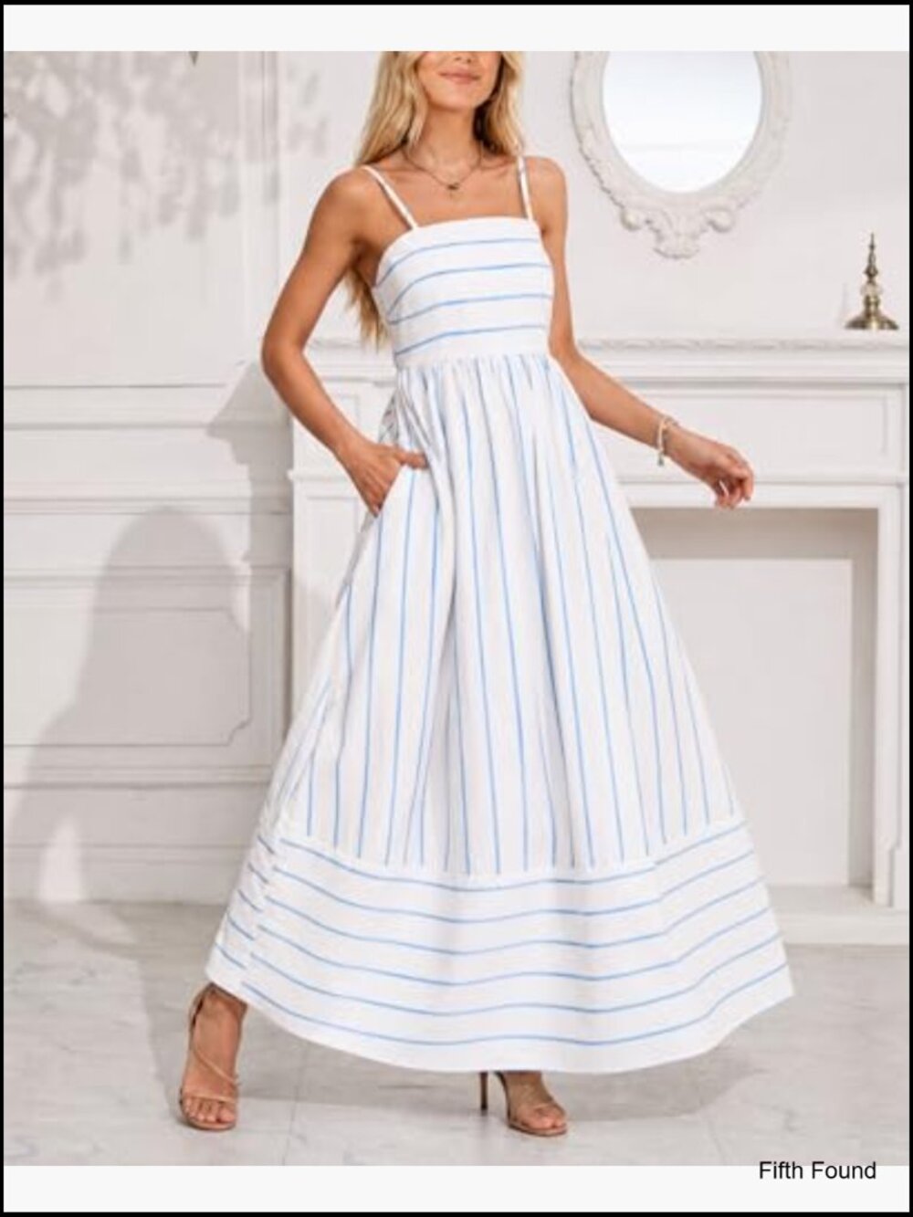 Women's Striped Back Smocked Maxi Dress Spaghetti Strap Cut Out Swing Long - Picture 4 of 6
